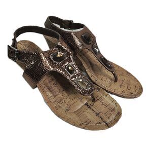 Dexflex Comfort Brown Metallic Jeweled Cork Wedge Sandals Womens Size 9